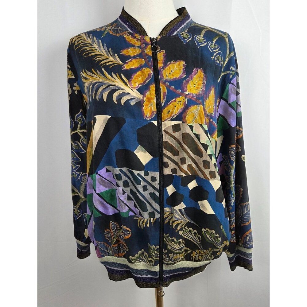 Aldo Martins Cap Juluca Bomber Jacket USA 10 Floral‎ Mixed Media Zip Navy Artsy